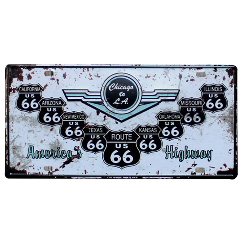 

Rusted Vintage US 66 Route Car Motor Tin Sign Metal Car Number Plate License Bar Cafe Garage Art Poster Wall Tin Plaques Decor