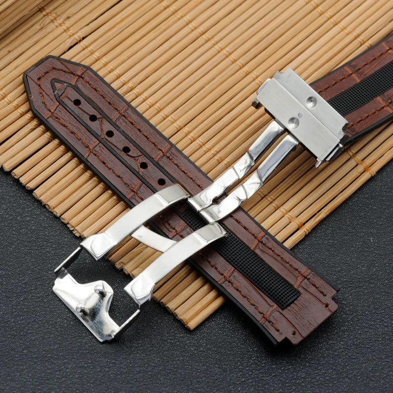 For TPU Tape Hublot Yubo Watchband Genuine Leather Watch Strap 25mm *17mm Stainless Steel Folding Buckle Men's Big Bang Series