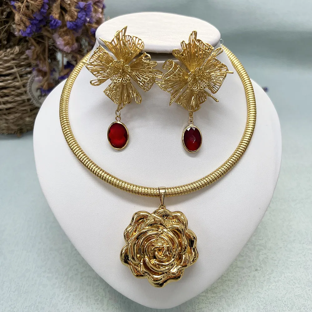 

New Style Earrings and Necklace Jewelry Set for Women Dubai Party Gold Plated Rose Flower Pendant Ethiopia Bridal Wedding Gifts