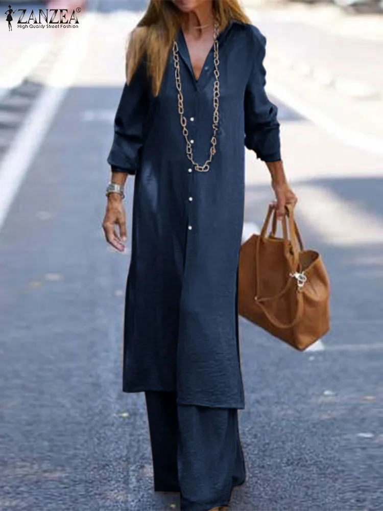 

ZANZEA Long Sleeve Shirts Fashion Outfits 2022 Autumn Holiday Women Femme 2 PCS Pant Sets Long Tops and Pants Casual Loose Sets