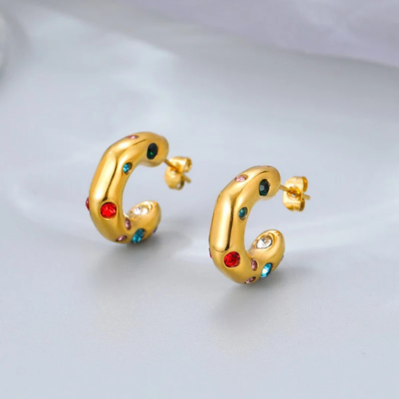 Shiny Multicolour Zircon CC Shape Hoop Earrings For Women 18K Gold Plated Stainless Steel Circle Earrings Jewelry