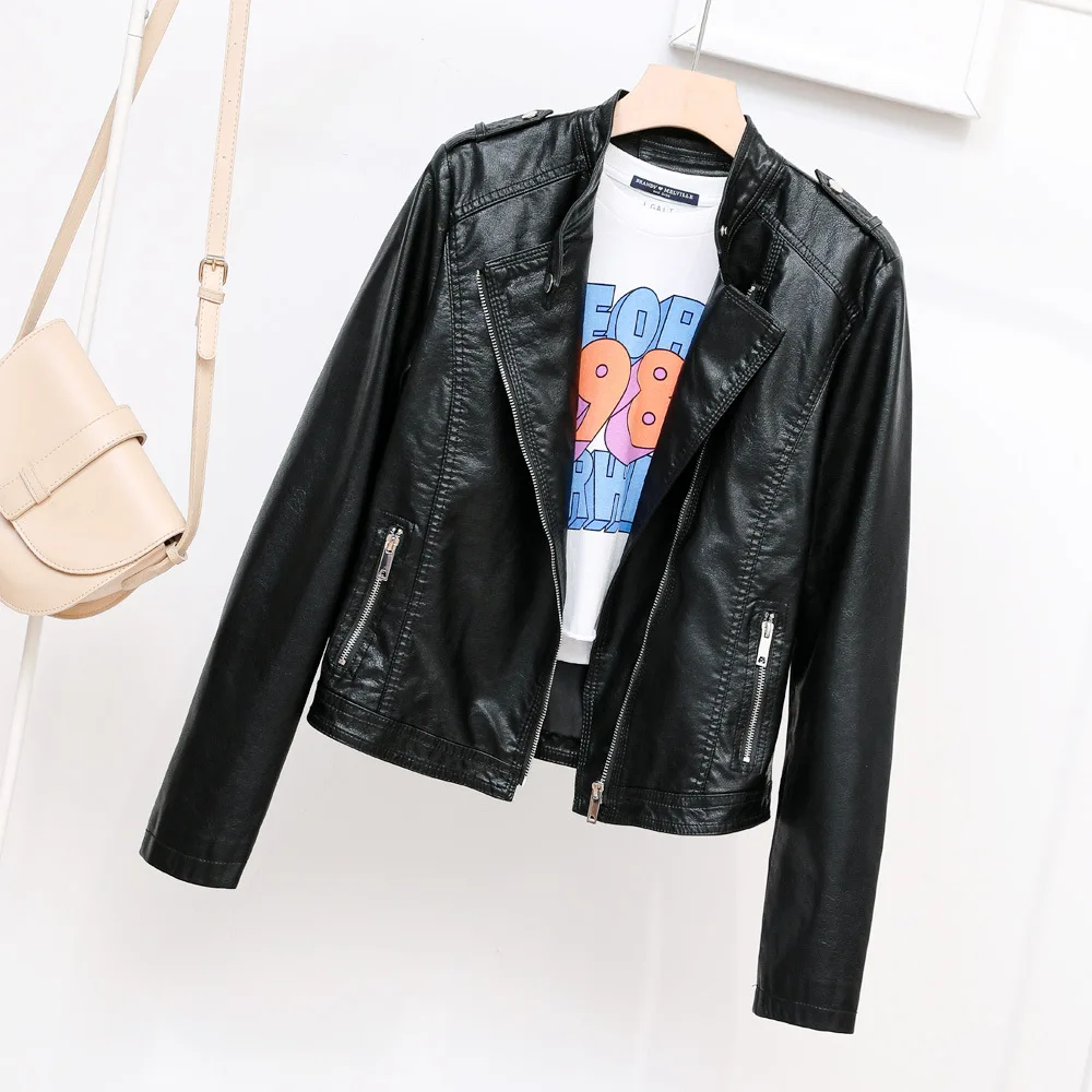 2023 spring new simple stand-up collar motorcycle leather jacket epaulettes zipper leather jacket