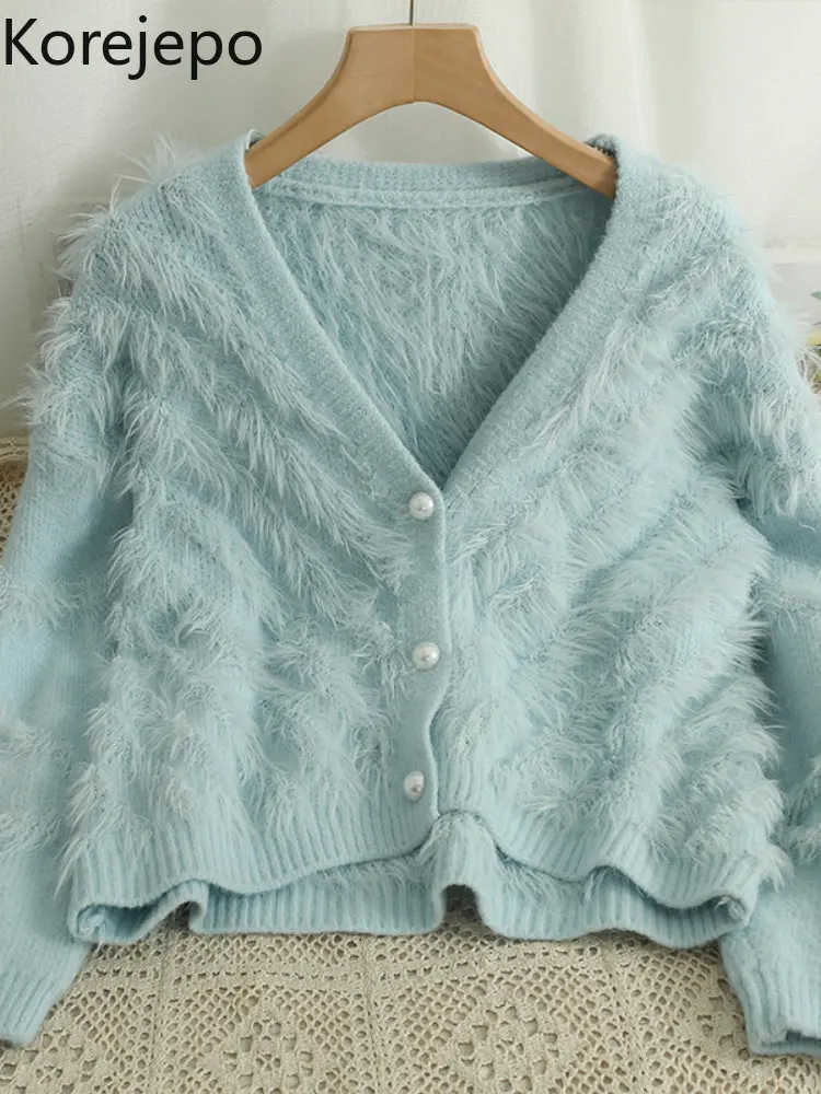

Korejepo French Style Versatile Cardigan V-Neck Single Breasted Long Sleeve Knitwear 2022 Women Loose Slim Plush Knit Top Winter