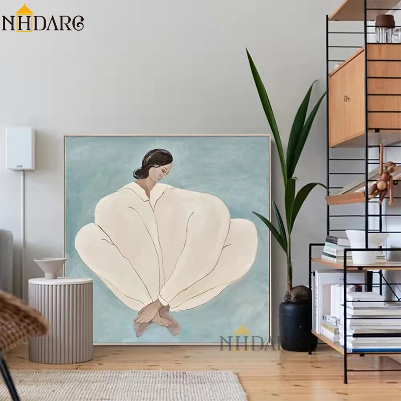 

NHDARC Painting Poster Picture Canvas Print Art Blue Seated Woman Nordic Vintage Korean Wall Studio Room Home Decor Square