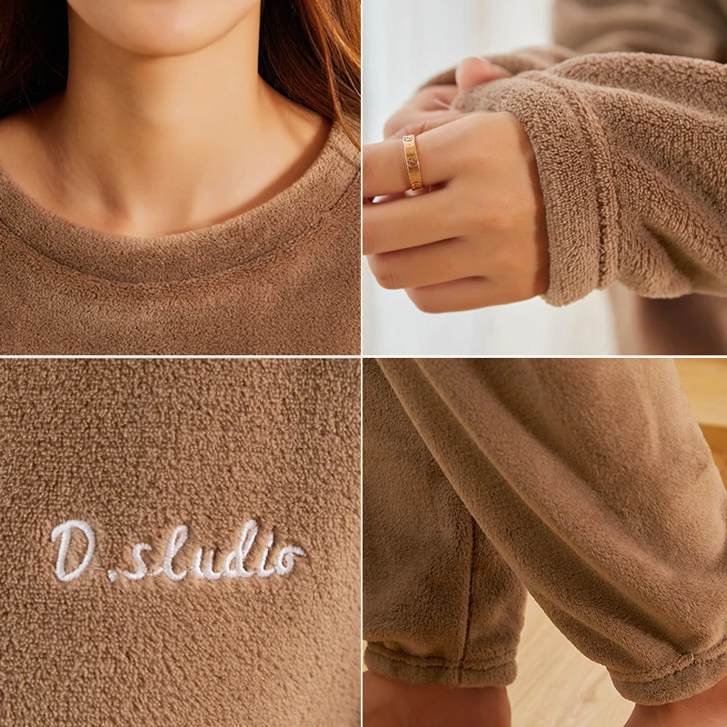 Women Winter Flannel Pajama Set Fleece Pajamas Sleepwear Homewear Thick Warm Velvet Female Suit Fall Sweatshirt Ladies Pyjama