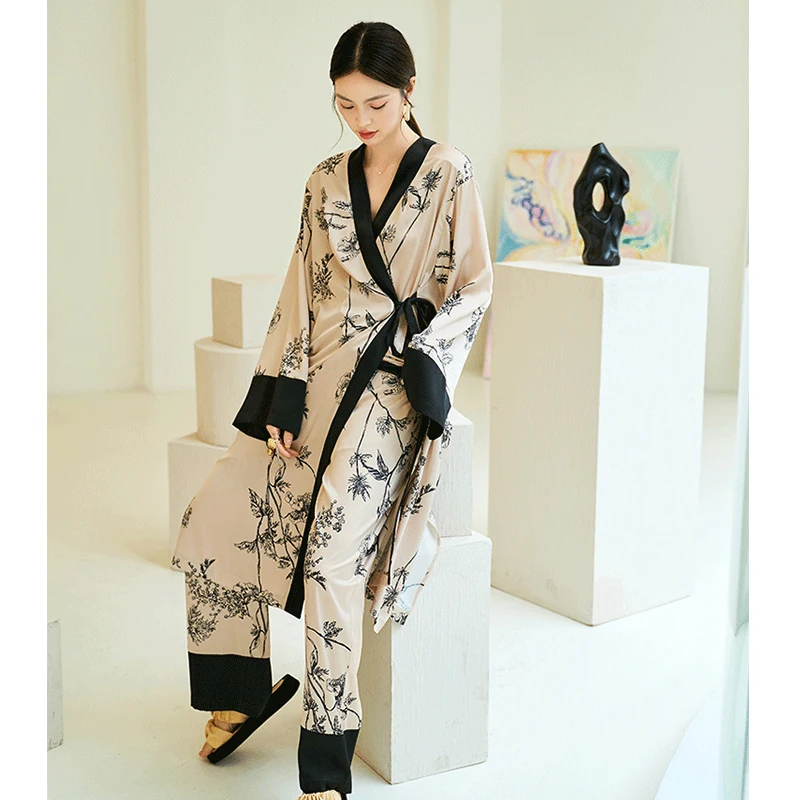 Kimono Pajama Set Women's Oversize Floral Print Silk Laides Sleepwear Saitn Luxury 2 Pieces Set Pijama Suit Pyjama for Female