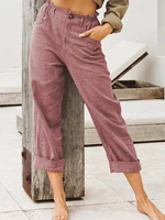 women casual high waist button pocket long pants fashion lady solid cotton linen straight pants spring fall fashion clothing
