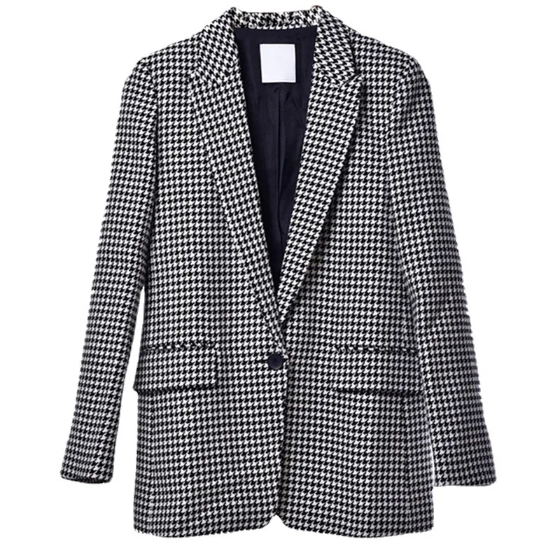 

Houndstooth Wool Jacket Spring 2022 Classic French Patchwork One Button Straight Fit Slim Blazer Top Coat France Paris