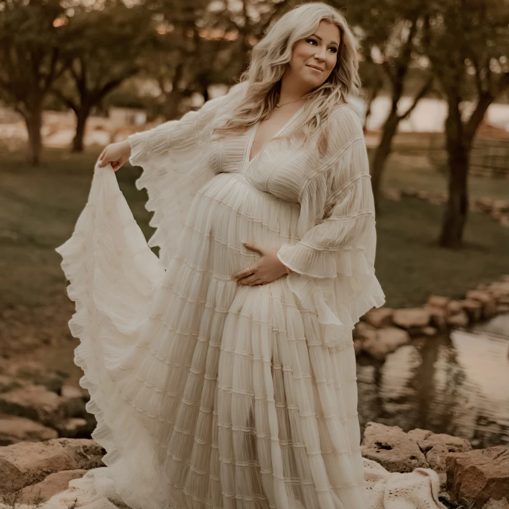 Maternity Photo shoot Event Show Boho Dress Ruffle Long Sleeve Pleated Pregnancy Women Photography Dresses enlarge