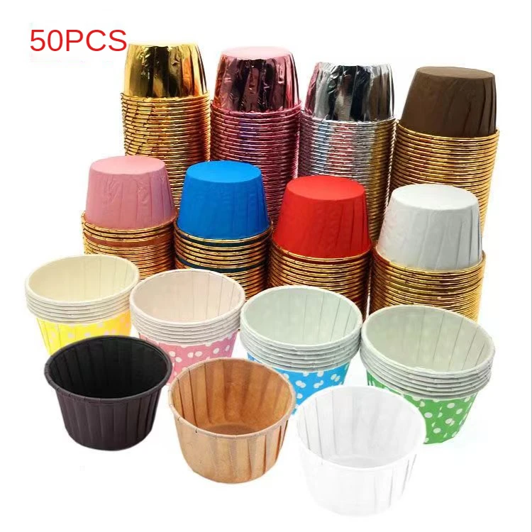 

50pcs/Set Aluminum Foil Muffin Rolled Edge Mini Cake Cup Liner Paper Cup Double-sided Cupcake Molds High Temperature Baking Cups