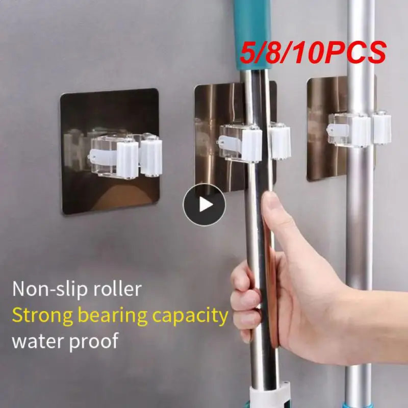 

5/8/10PCS Broom Hanger Hooks Wall-mounted Wall Hook Self-adhesive Strong Mop Rack Bathroom Accessories Mop Storage Multi-purpose