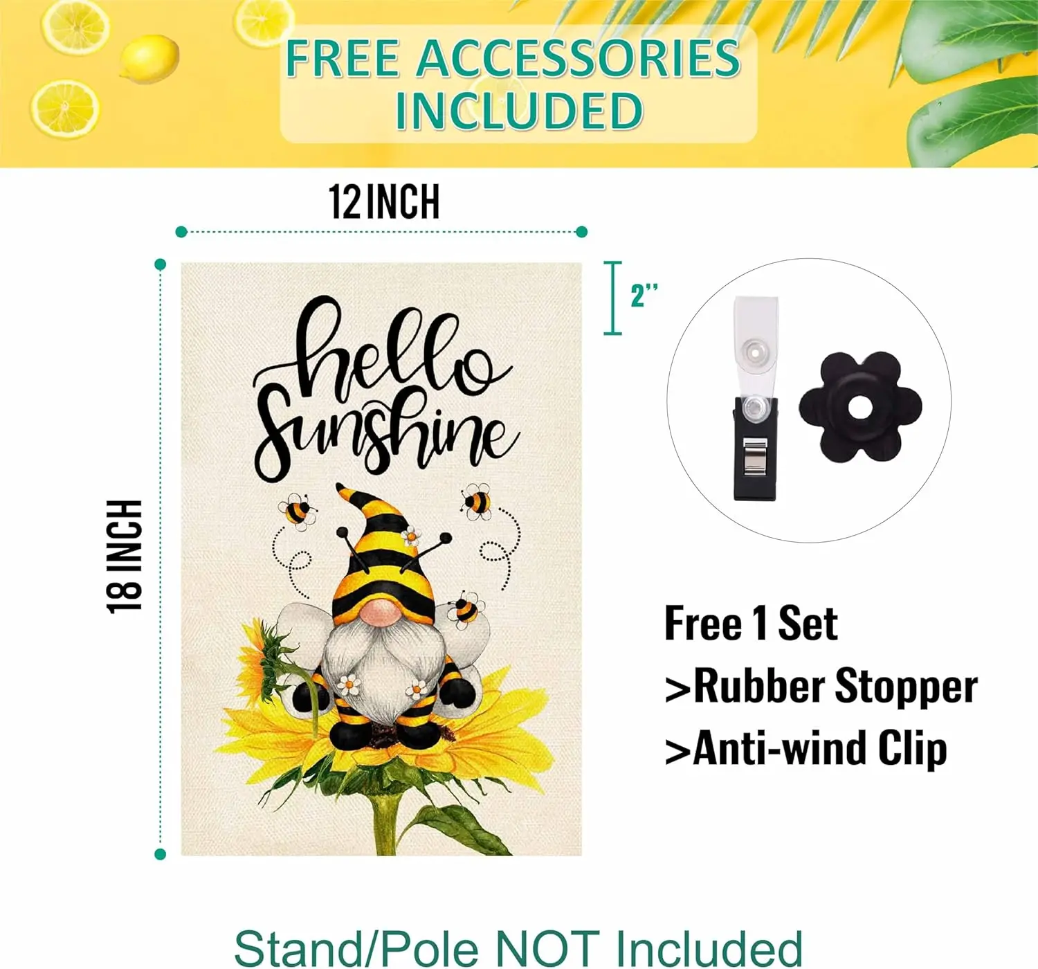 Фото Флаг для сада Baccessor Hello Sunshine Spring Garden с подсолнухами, гномами и пчелами, забавный дизайн, 12,5 x 18 дюймов, двусторонний, из мешковины, для двора, малый, SSL №3