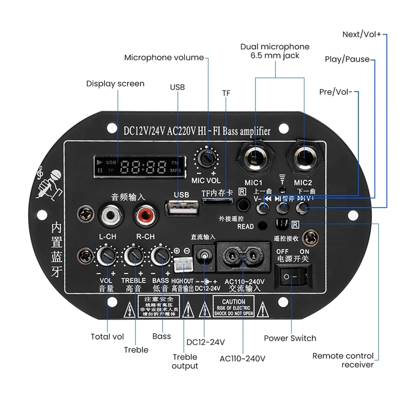 

Двойной микрофон с дисплеем, Плата усилителя высокой мощности Bluetooth TDA2009A, Высокая мощность 12 В/24 В, вилка стандарта США