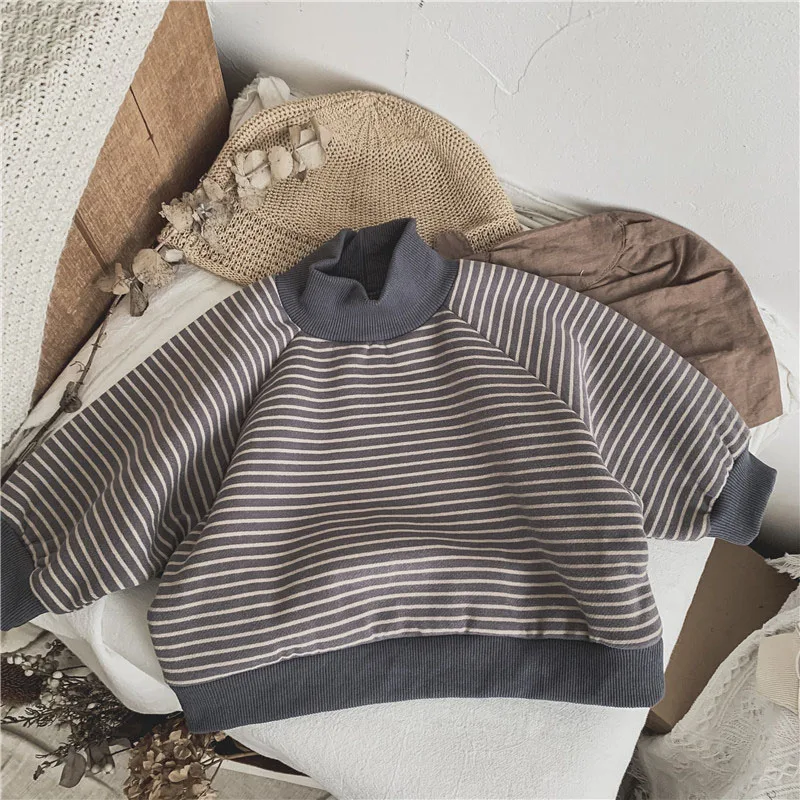 

Children's Loose Casual Sweater 2022 Fashion Spring Boys Girls Striped Clothes Thick Velvet Long-sleeved Pullover Sweatshirts