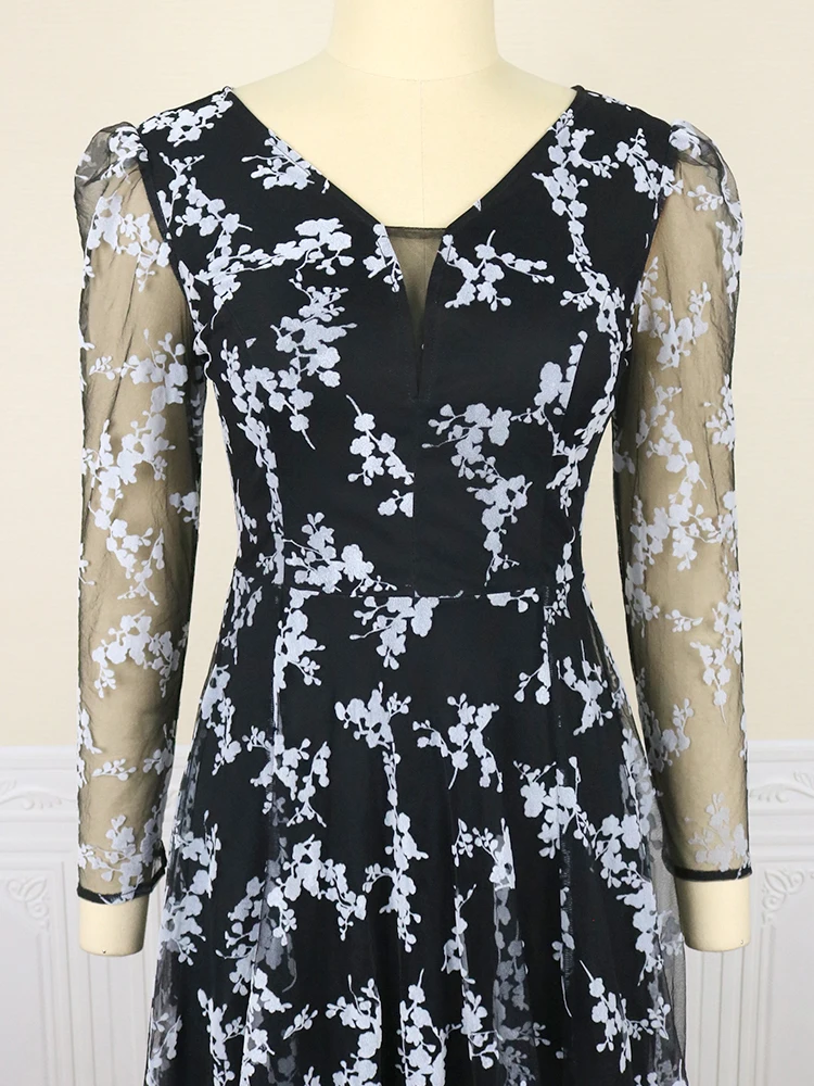 Plus Size Women Dresses Sexy V Neck See Through Long Sleeve High Waist A Line Long Outfits for Ladies Casual Evening Party 4XL