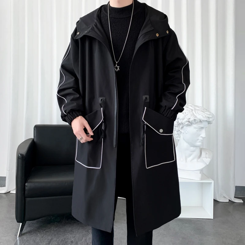 

Autumn 2021 Men's Trench Coat Solid color Long jacket Fashion large pocket Hooded trench coat for men