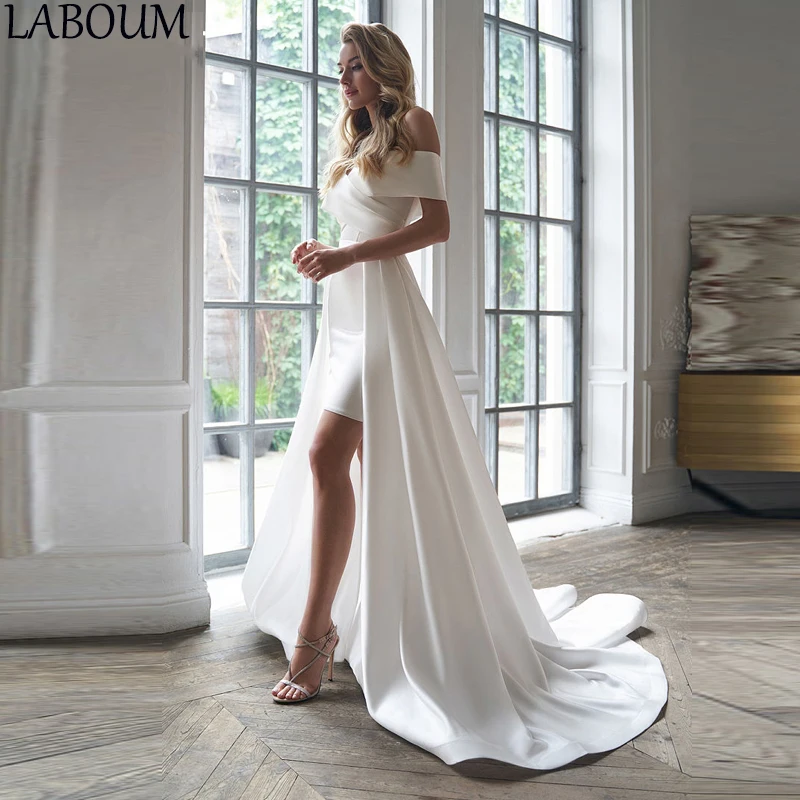 Женское свадебное платье со съемным шлейфом LaBoum, белое платье с открытыми плечами, платье для невесты 2 в 1