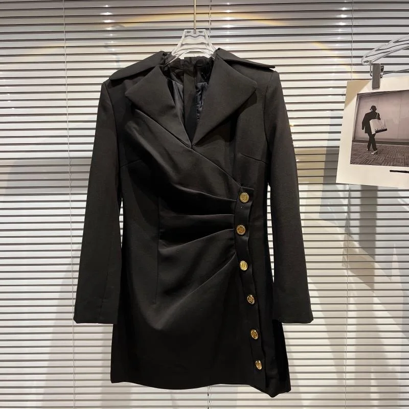 

Женский приталенный Блейзер с металлической пряжкой, черная Весенняя ветровка, длинное пальто