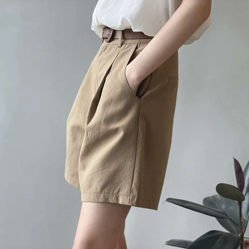 2023 Summer High Waist Chic Khaki Black Shorts Women Leisure Fashion Loose Korean Style All-match Solid Simple fifth pants