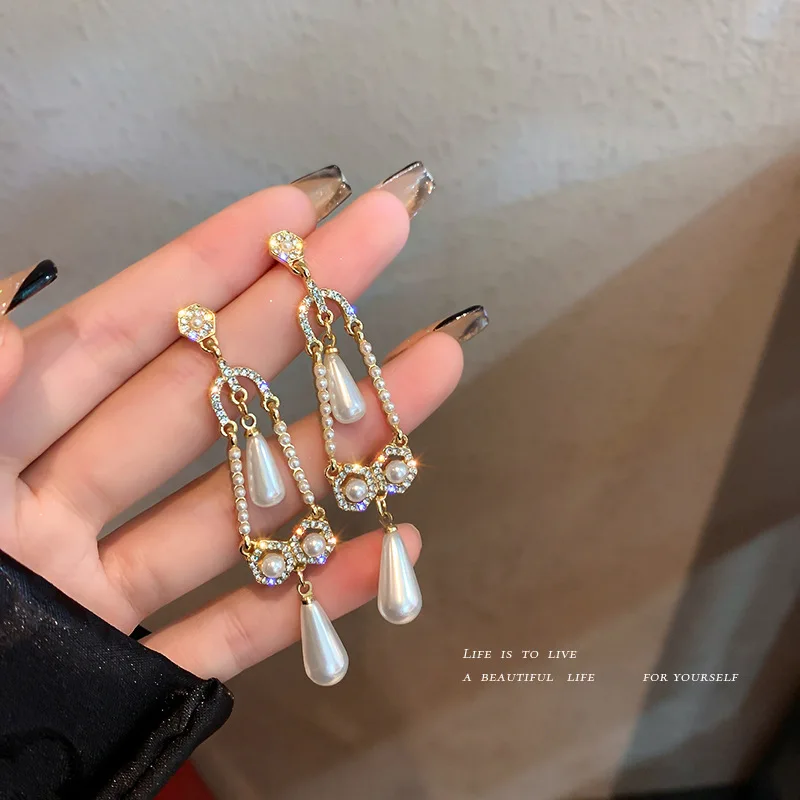 

925 Silver Needle Diamond Pearl Geometric Vintage Earrings Korean Minority Court Style Personalized Temperament Earring