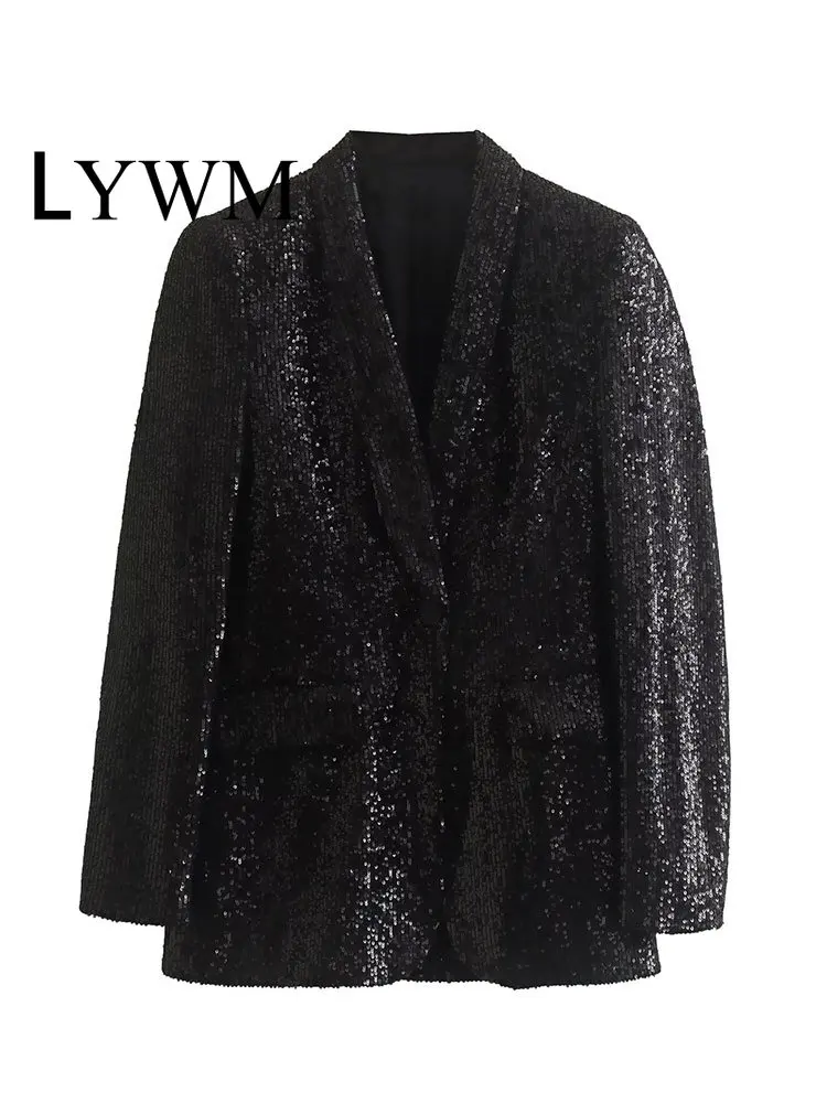 

LYWM Women Fashion Solid Black Sequined Slim Fitting Blazer Single Breasted Long Sleeves Female Chic Lady Party Y2K Outwear