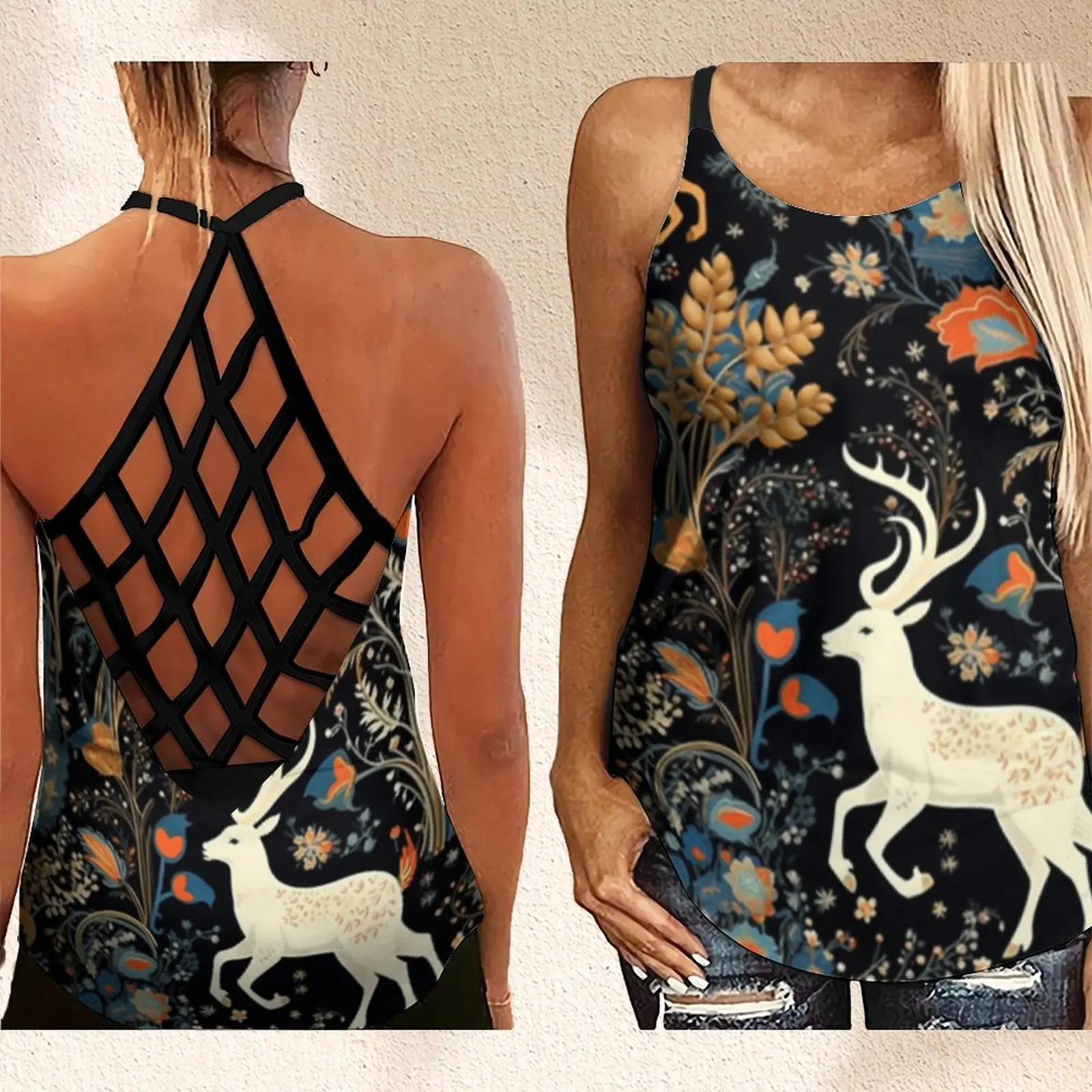 

Women's Fashion Backless Sleeveless Hollow Out Cross Cross Tank Top Hunting Deer Urkish Print Tank Top For Women XS-8XL