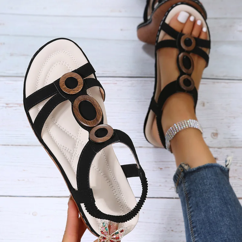 

2022 summer new woman sandals Bohemia beaded soft bottom leisure large size women shoes fashion flat sandals mujer Ankle Strap