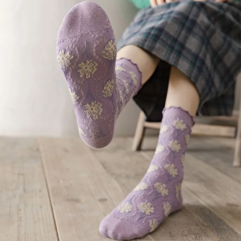 5 Pair Crimping Flowers Long Autumn Winter Socks Woman Kawaii Socks Women Breathable Japanese Style Pure Cotton Sock Fashion New