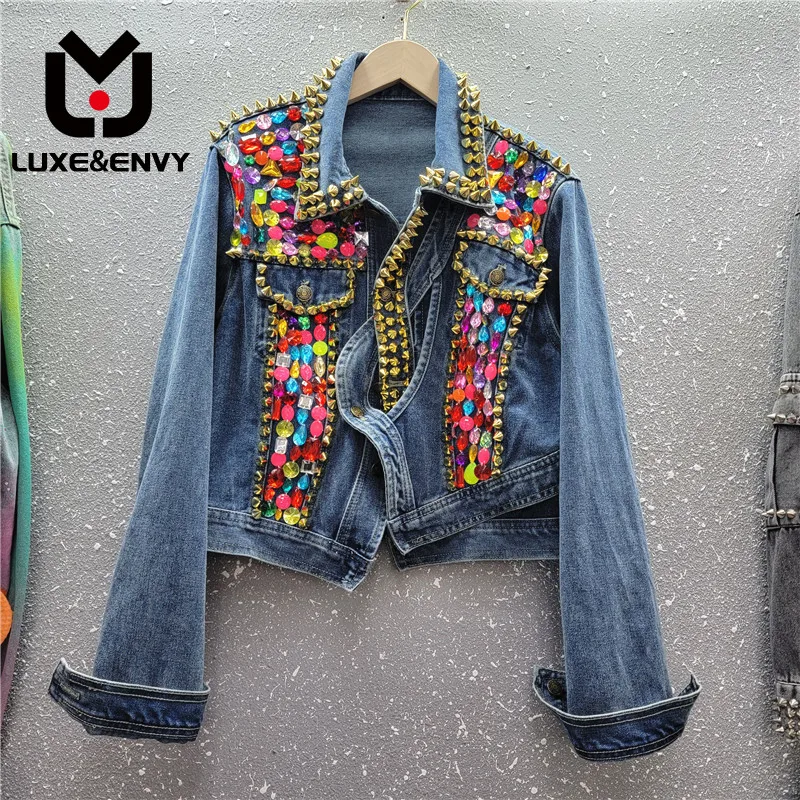 

LUXE&ENVY European Goods New Heavy Industry Design Nail Beaded Denim Coat Women's Short Long Sleeve Top Versatile 2023 Autumn