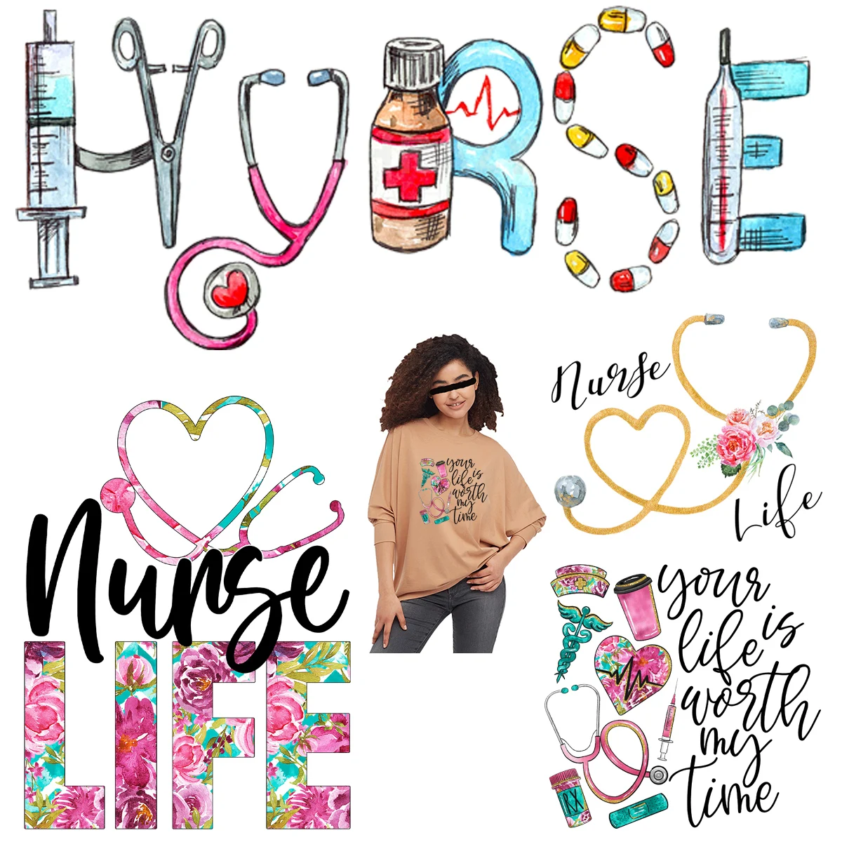 

Heart Flower Letter 'Nurse LIFE' Pattern Sticker Iron On Transfer on T-shirts, Hoodies, Shirts, Pants Diy Applique Decor