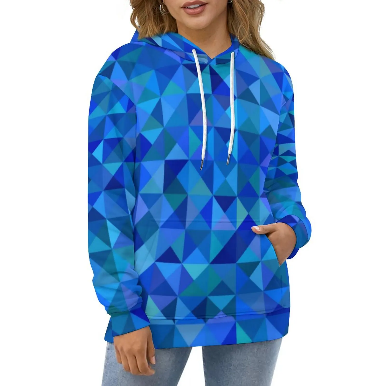 

Голубые повседневные толстовки с геометрическим рисунком, классное художественное худи, женское оверсайз худи с длинным рукавом в стиле Ха...