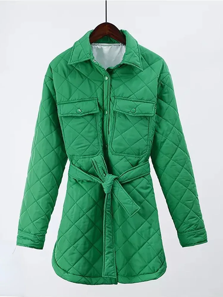 Women's Winter Padded Jacket Fashion Warm Loose Casual Coats Lapel Single-breasted Outwear Ladies Elegant Quilted Jackets Belt