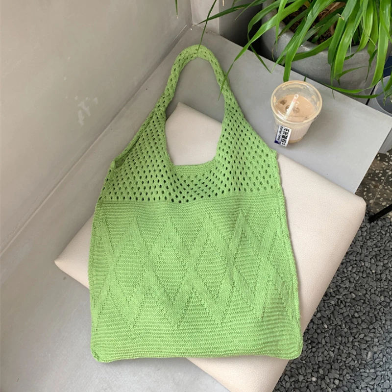 

Simple Knitted Hollow Out Women's Shopping Bag Solid Color Female Shoulder Bags Large Capacity Casual Tote Underarm Bag Handbags
