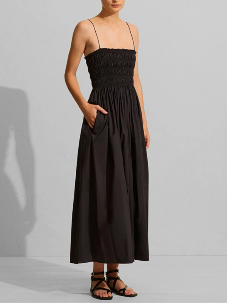 

2023 Pleated Waist Strap Dress Women Simple Design Black Midi Dress