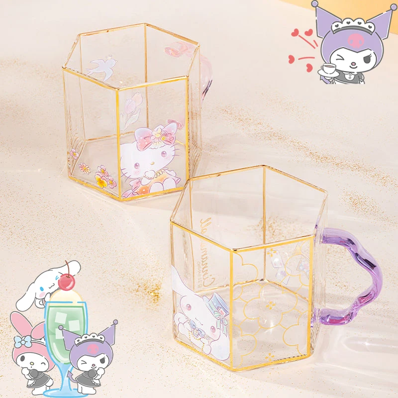 Hello Kitty Coffee Cup Sanrio Anime Cinnamoroll Kawaii Gold Edging Hexagon Glass Creativity Oatmeal Breakfast Cups Gift Box