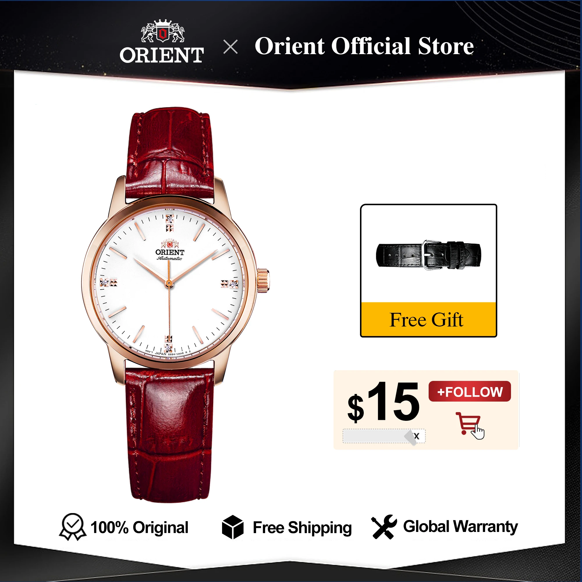 

Original Orient Mechanical Watch for Women, Lady Rose Gold See-through Case Back Crystal-Encrusted Markers Red Leather Strap