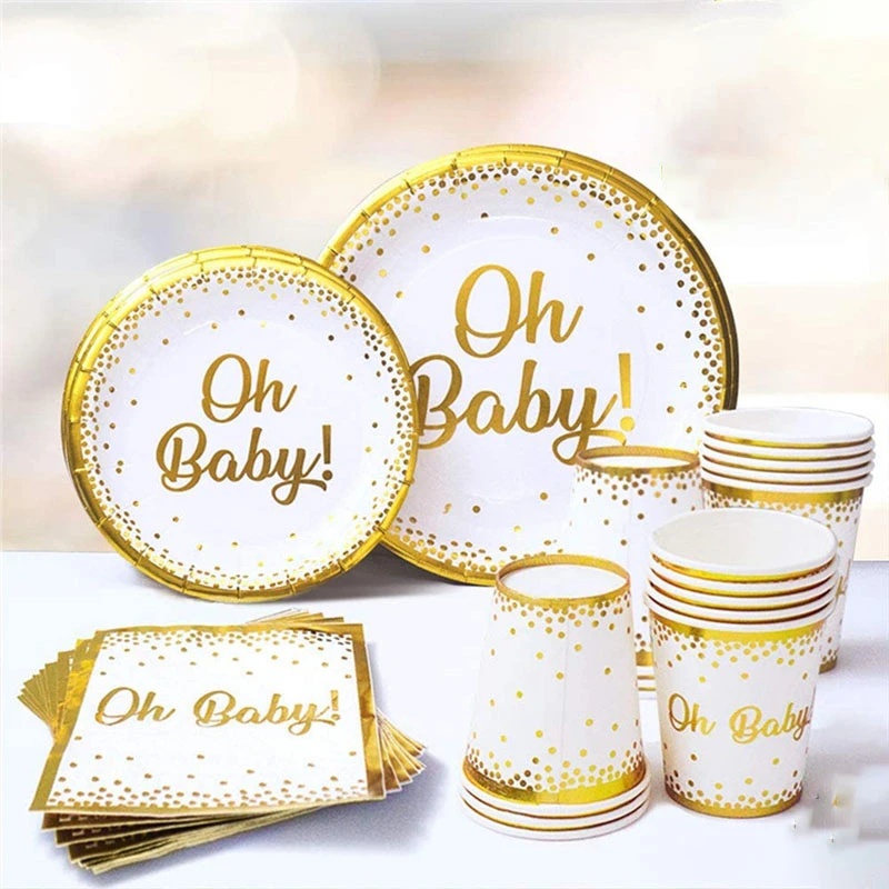 

Золотые одноразовые столовые приборы Oh Baby бумажные тарелки для дня рождения, столовые приборы на день рождения, детский праздник, товары для вечеринки
