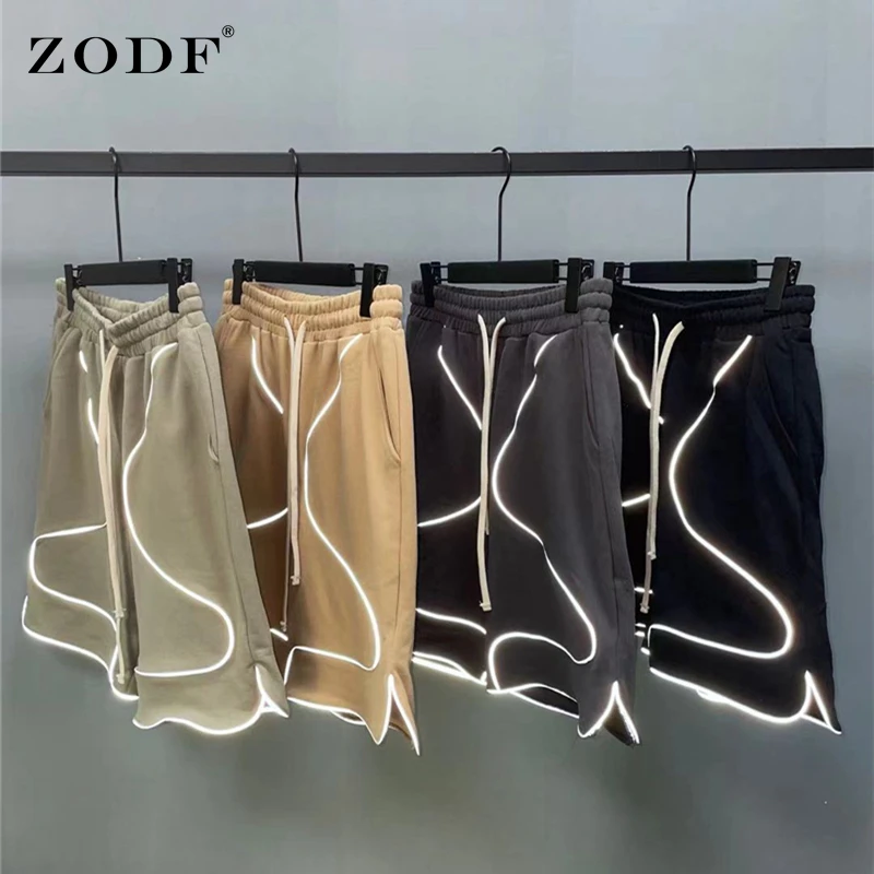 

ZODF 2022 New Men Summer 330gsm Cotton Terry Shorts Male Loose High Street Reflective Strip Slit Shorts Streetwears HY0401