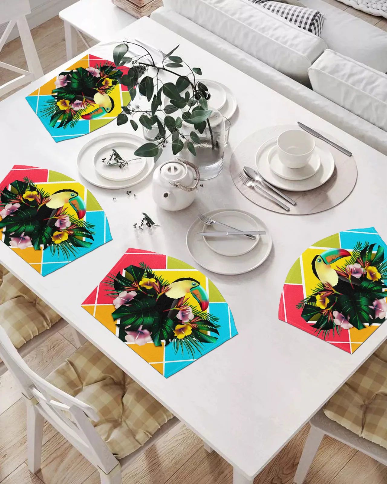 

Набор подставок в форме веера, набор из 2/4/6 ковриков для стола с тропическими растениями, листьями, цветами, птицами, подставки, Рождественск...