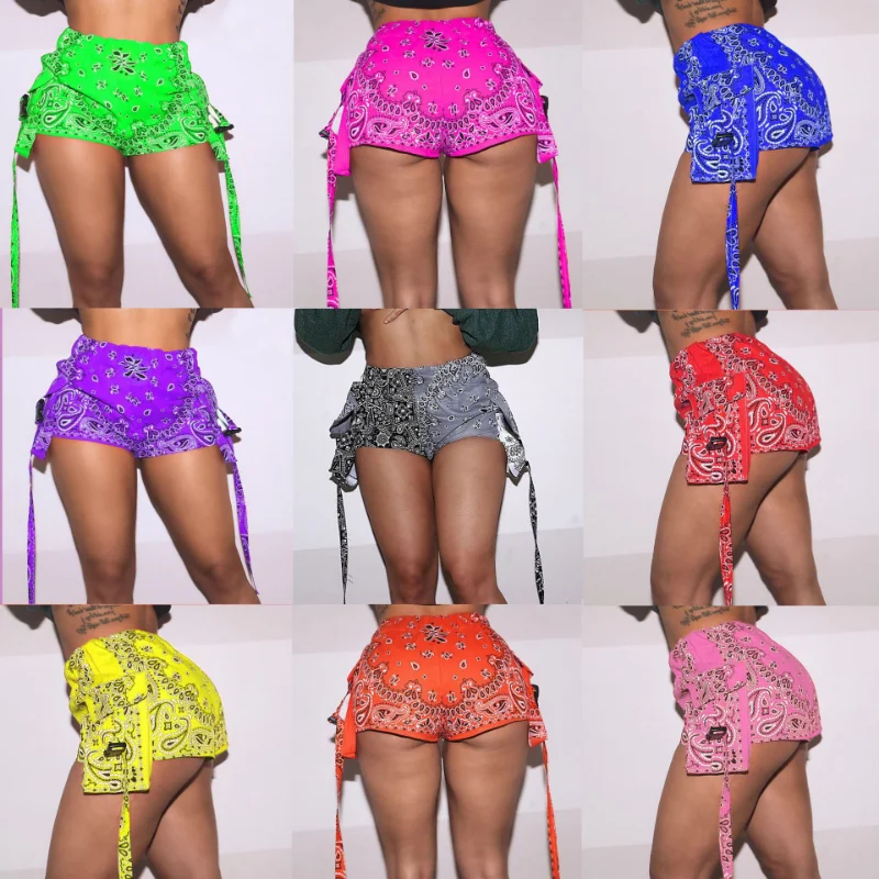Hot Popular Casual Women Shorts Print Pocket Bandage Street Wear Ladies Short Pants