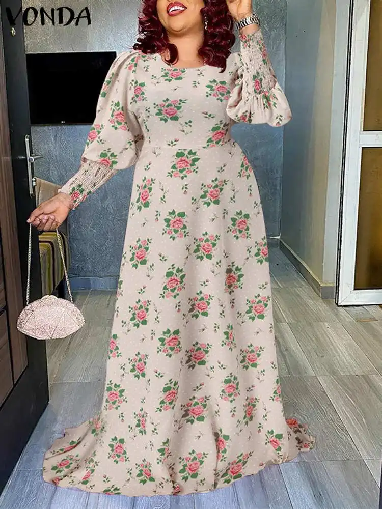 

VONDA Y2K женское богемное вечернее платье большого размера с круглым вырезом длинный вечерний сарафан осеннее Повседневное платье свободные ...