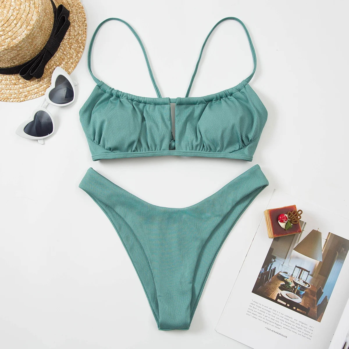 

Женский купальный костюм CyxWzy, новый зеленый однотонный пикантный бикини с заниженной талией и принтом, пляжная одежда, комплект из двух пре...