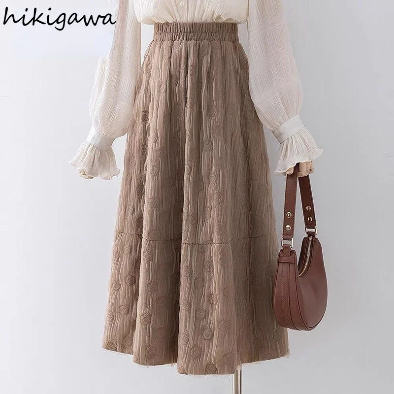 

2023 Faldas Mujer De Moda Korean Fashion Floral Vintage Skirts for Women High Waist Vintage Jupe A-line Temperament Long Skirt