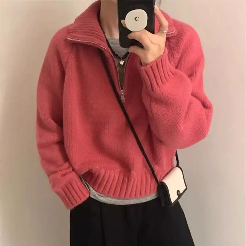 Осень/зима новый однотонный свободный популярный пуловер с отложным воротником