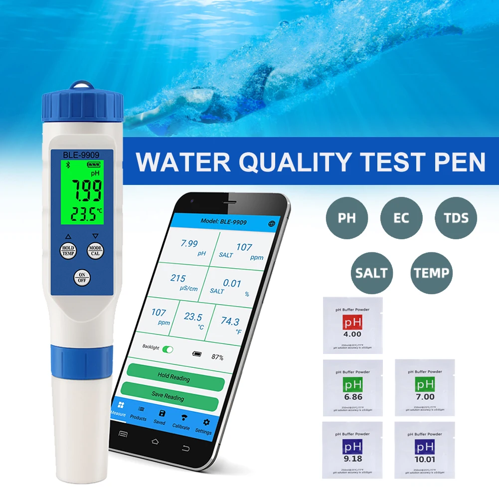 

Bluetooth-compatible PH Meter 5 in 1 TDS/EC/PH/Salinity/Temp Meter Water Quality Monitor Tester for Pools Hydroponics