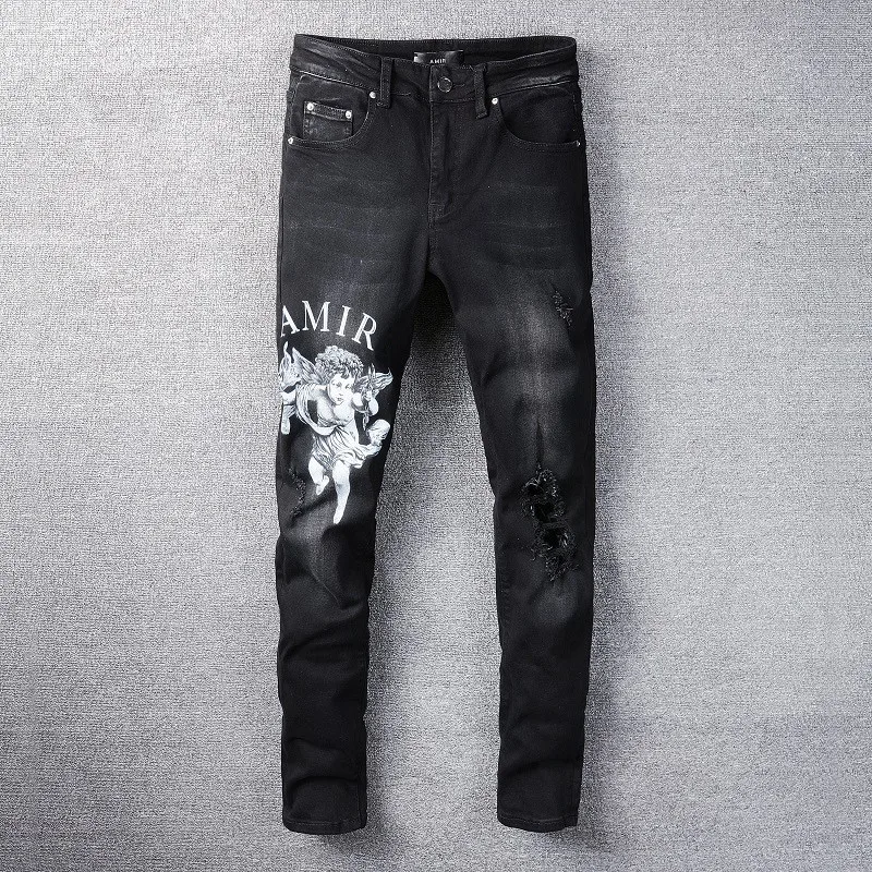

Black Letter Angel Printing Slim Jeans mens jeans skinny Streetwear Motorcycle Jeans Pants Hip Hop Jeans Men Los Hombres Jeans