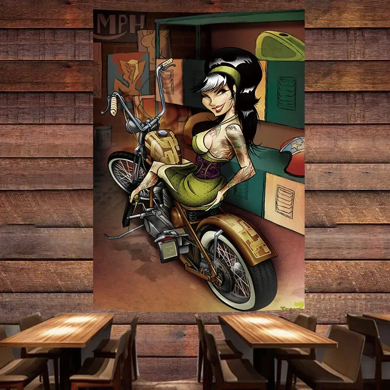 

Tattoo Girls Motorcycle Rider Poster Banner Seductive Pin Up Art Flag Wall Painting Tapestry Bar Pub Man Cave Wall Decor Sticker