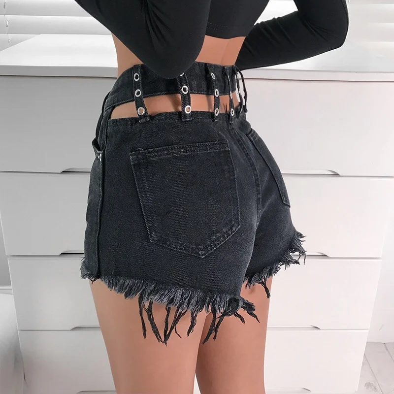 High Waist Shorts Sexy Hollow Denim Wide Leg Shorts 2021 New Women All-Match Casual Black Shorts for Female Fashion New Slim Hip