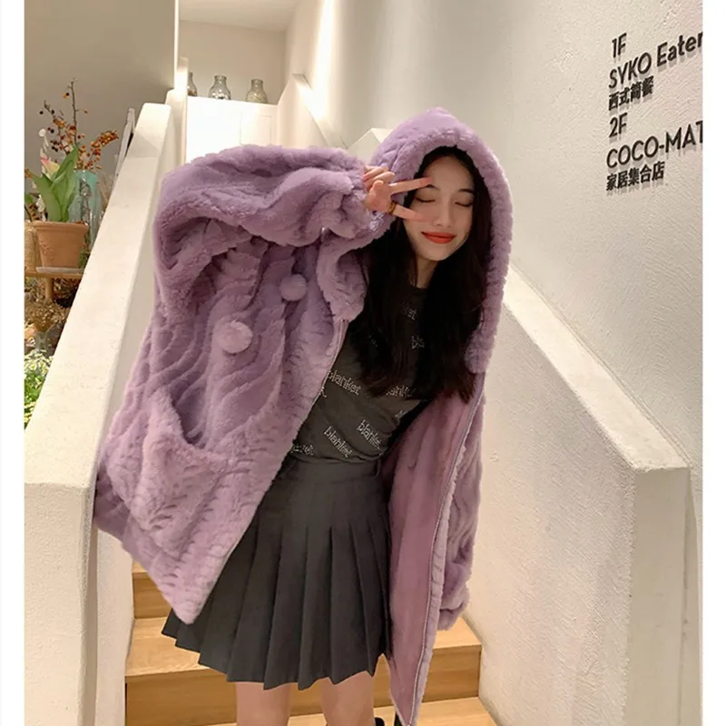 All Wool Grain Wool Coat Sheep Shearing Fur Coat Female Lamb Wool Snowball Fried Dough Twist Hooded Cute Snowball Twist Hooded