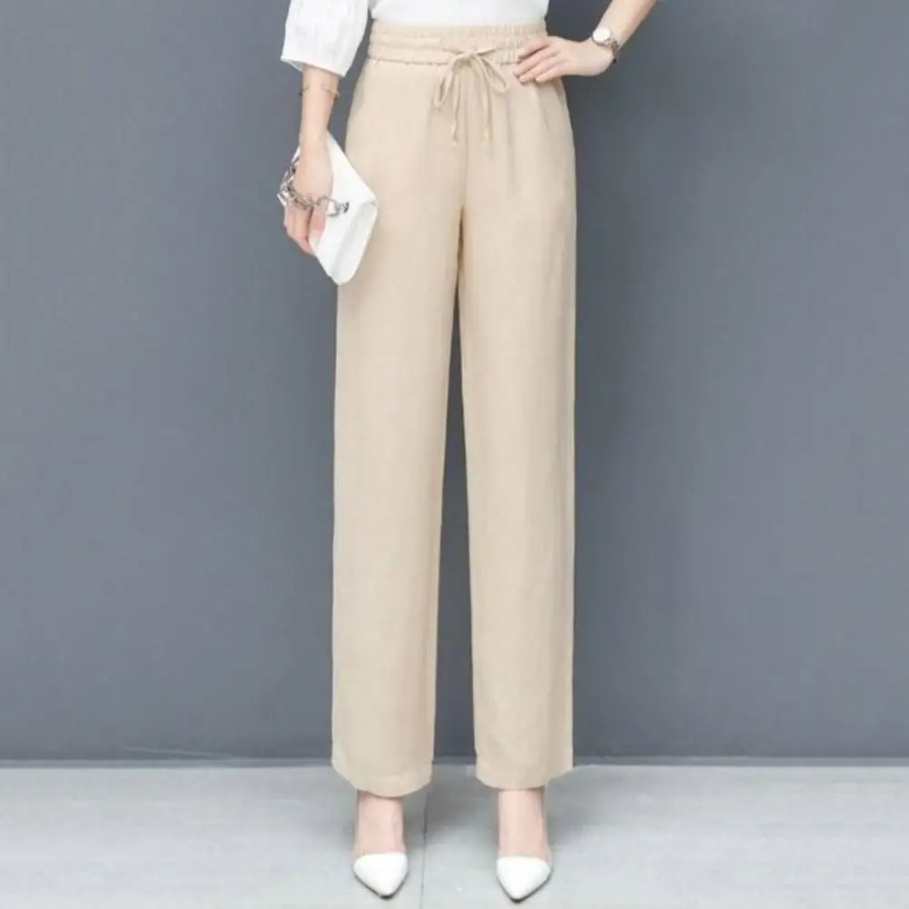 

Women Pants OL Style Elastic Waist Wide Leg Lady Trousers High Waist Drawstring Pockets Ankle Length Women Trousers